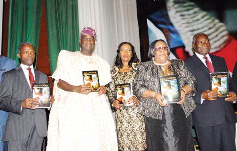 L-R: Book Reviewer, Prof Yemi Osinbajo; Lagos State Governor, Mr. Babatunde Fashola; author, Justice Oludotun Adefope-Okojie; Chief Judge of Lagos State, Justice Ayotunde Phillips and former chairman, Independent Corrupt Practices Commission, Justice Emmanuel Ayoola, during the public presentation of a book titled, 'Civil Litigation-A Quick Reference Guide to Substantive Law and Procedure’ in Lagos... on Friday.