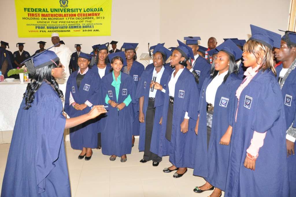   Cross section of pioneer students singing FUL Anthem at the First Matriculation Ceremony held on 17th December, 2012 at the University Auditorium.