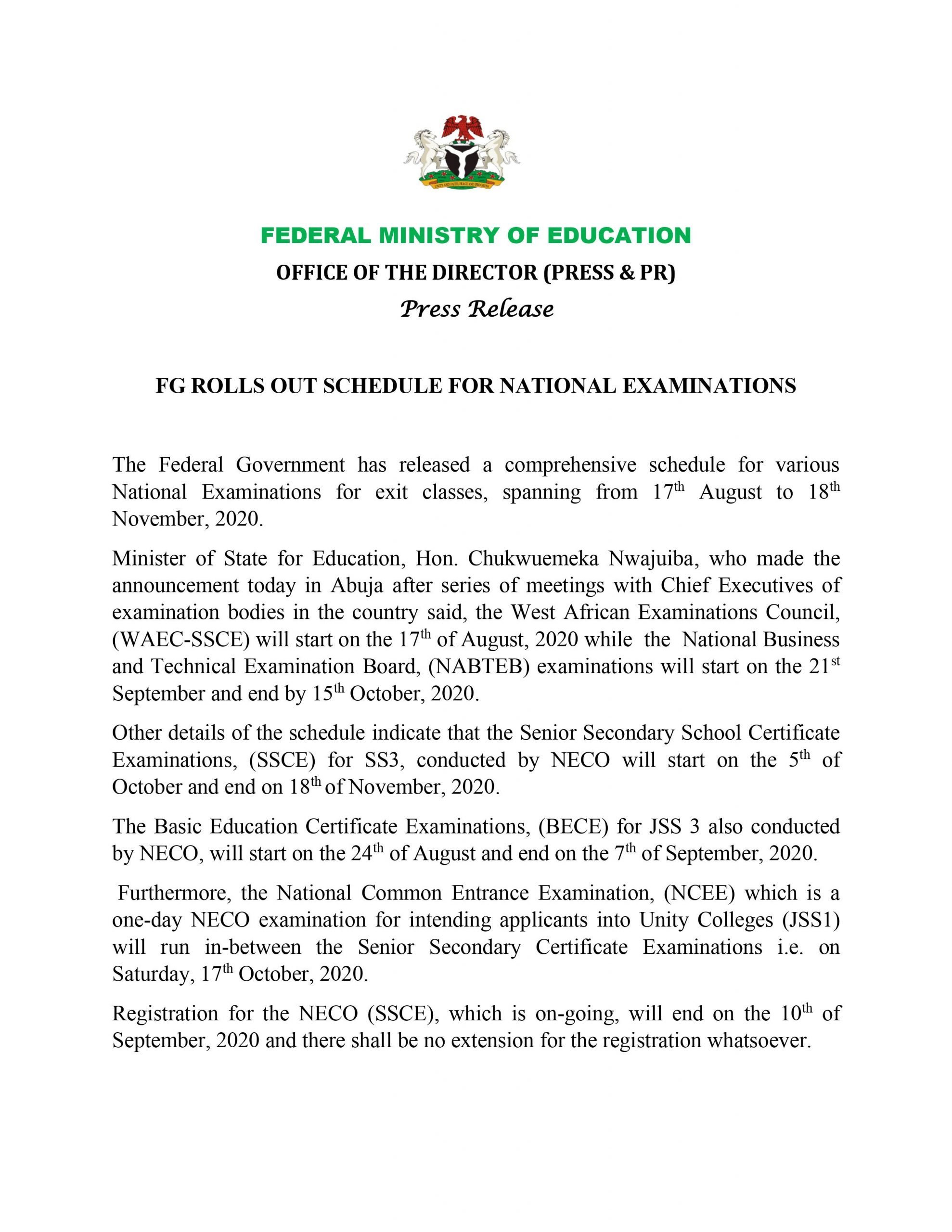 FG Announces Commencement Dates for NECO, NABTEB, Other Examinations 