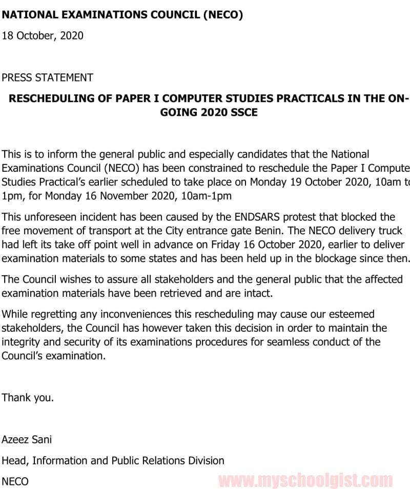 neco reschedules exam notice