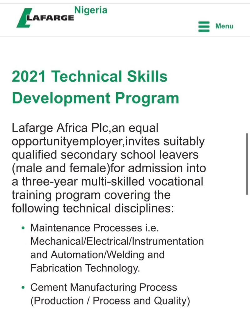Lafarge Africa 2021 Technical Skills Development Program