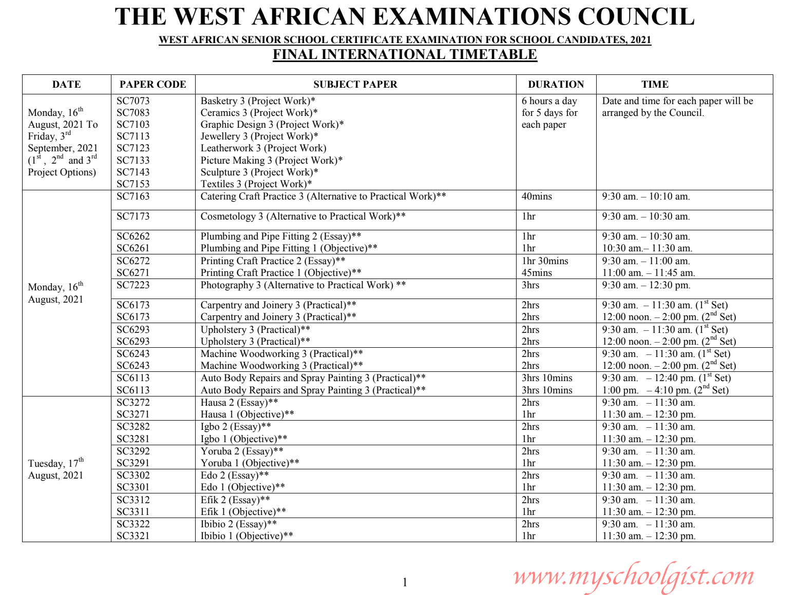 2021 WAEC Timetable for School Candidates » 24baze