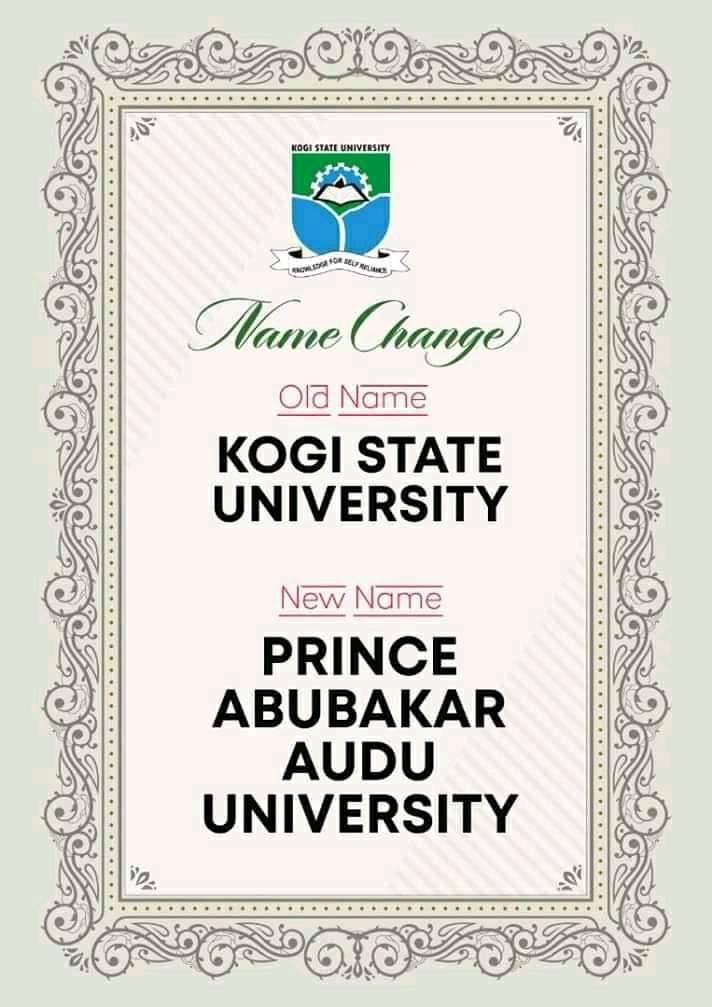 Kogi State University (KSU) Renamed to Prince Abubakar Audu University (PAAU)