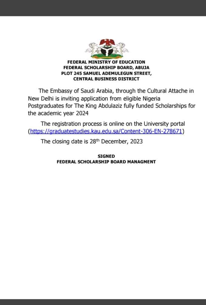King Abdulaziz University Scholarship for Nigerians 2024